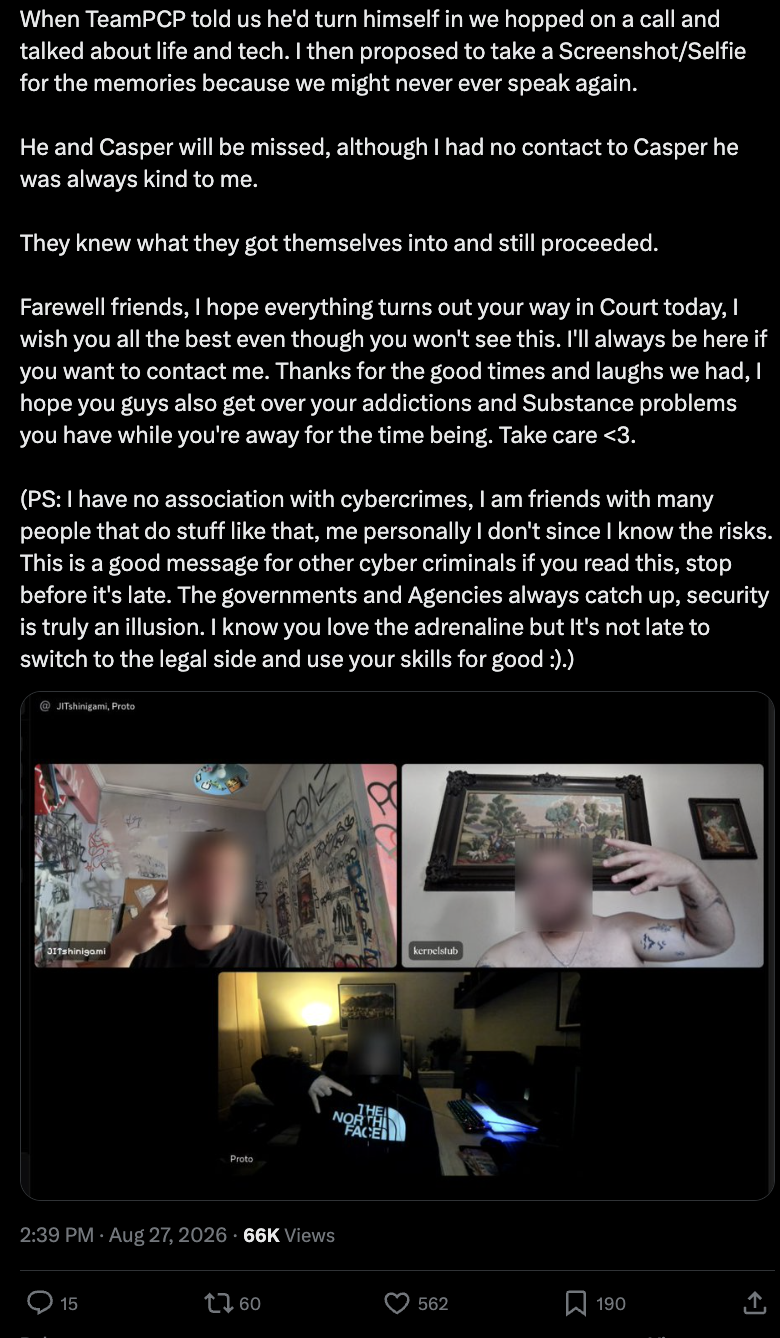 Tweet by @kernelstub (George Prepakis) posted August 27, 2026, describing a farewell video call with TeamPCP before he turned himself in. Attached is a screenshot of a 3-way video call with three participants, faces blurred, labeled JITshinigami, kernelstub, and Proto.